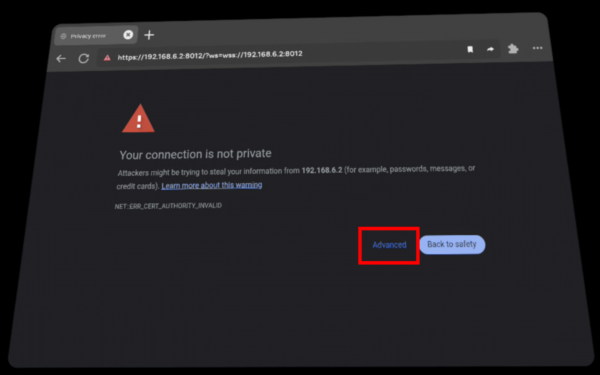 Browser advanced / certificate bypass