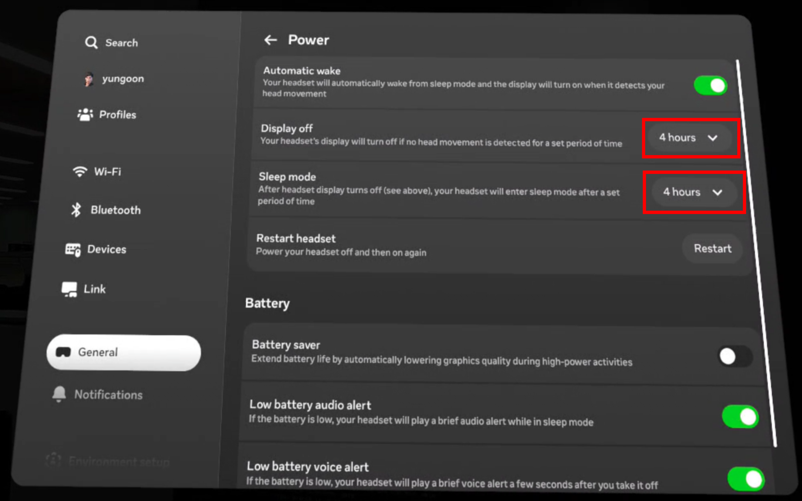 Quest power and sleep settings